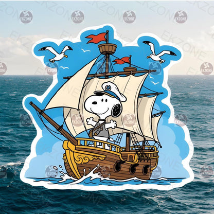 Snoopy On Sail Ship Sticker | Peanuts Sailing Captain Decal | Nautical Adventure Art | Classic Cartoon Vinyl | Ocean  Gift | Captain Snoopy
