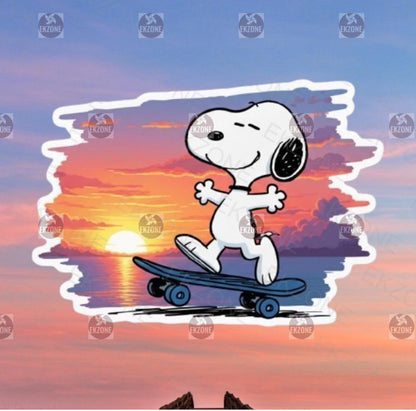 Snoopy Skateboarding Sticker | Peanuts Sunset Decal | Skater Dog Art | Aesthetic Summer Vinyl | Nostalgic Cartoon Gift | Sunset Skateboard
