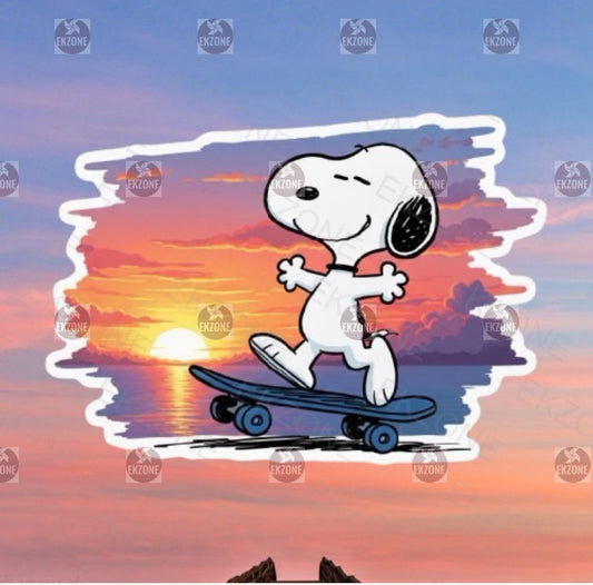 Snoopy Skateboarding Sticker | Peanuts Sunset Decal | Skater Dog Art | Aesthetic Summer Vinyl | Nostalgic Cartoon Gift | Sunset Skateboard
