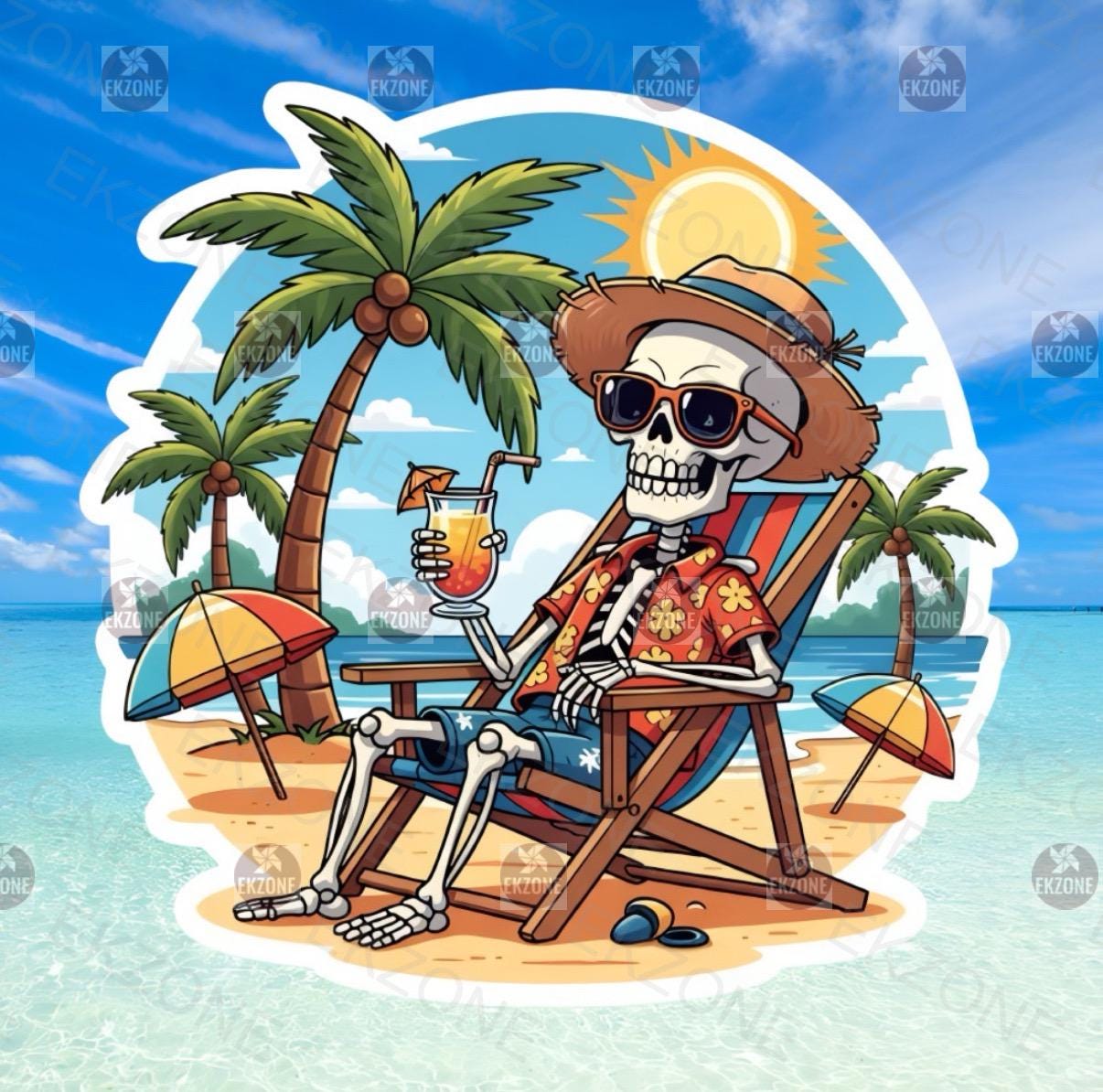 Chillin' Skeleton Beach Sticker | Summerween Vacation Decal | Funny Skull Relaxing Art | Tropical Beach Vinyl | Laid Back Spooky Gift