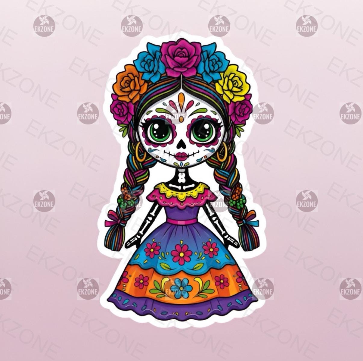 Cute Sugar Skull Girl Sticker | Día de los Muertos Decal | Calavera Art | Mexican Folk Art Vinyl | Colorful Halloween Gift | Frida Kahlo
