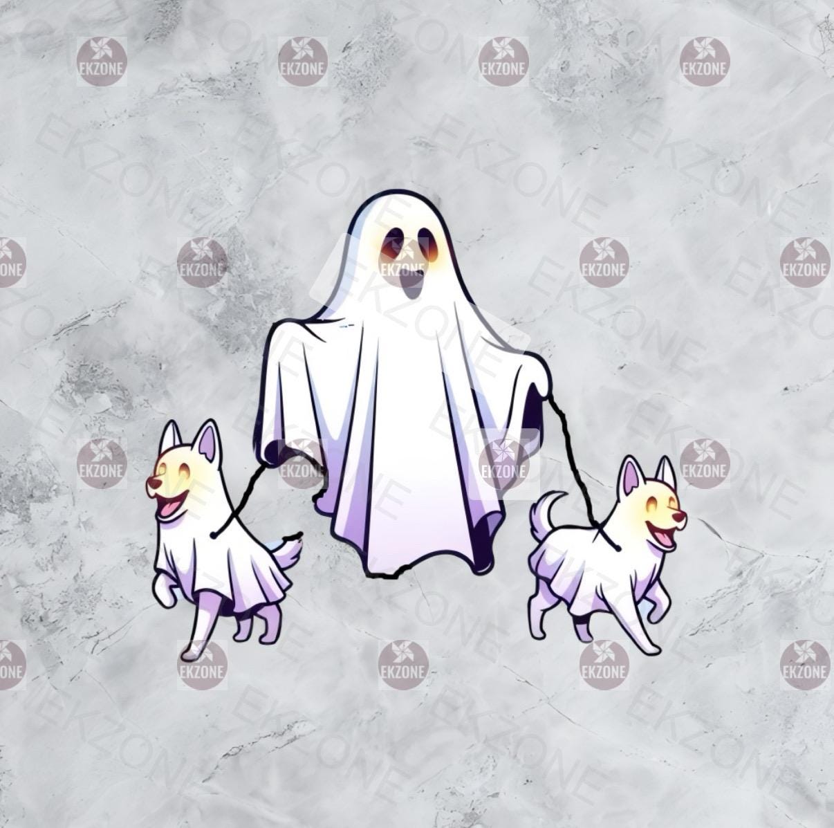 A flat, isolated vinyl sticker featuring a cute, whimsical illustration of a spooky sheet ghost taking two little ghost dogs for a walk.