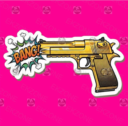 Golden Gun Pop Art Sticker | "BANG!" Comic Book Decal | Unique Weapon Art | Retro Pop Culture Vinyl | Laptop Sticker | Water Bottle Sticker