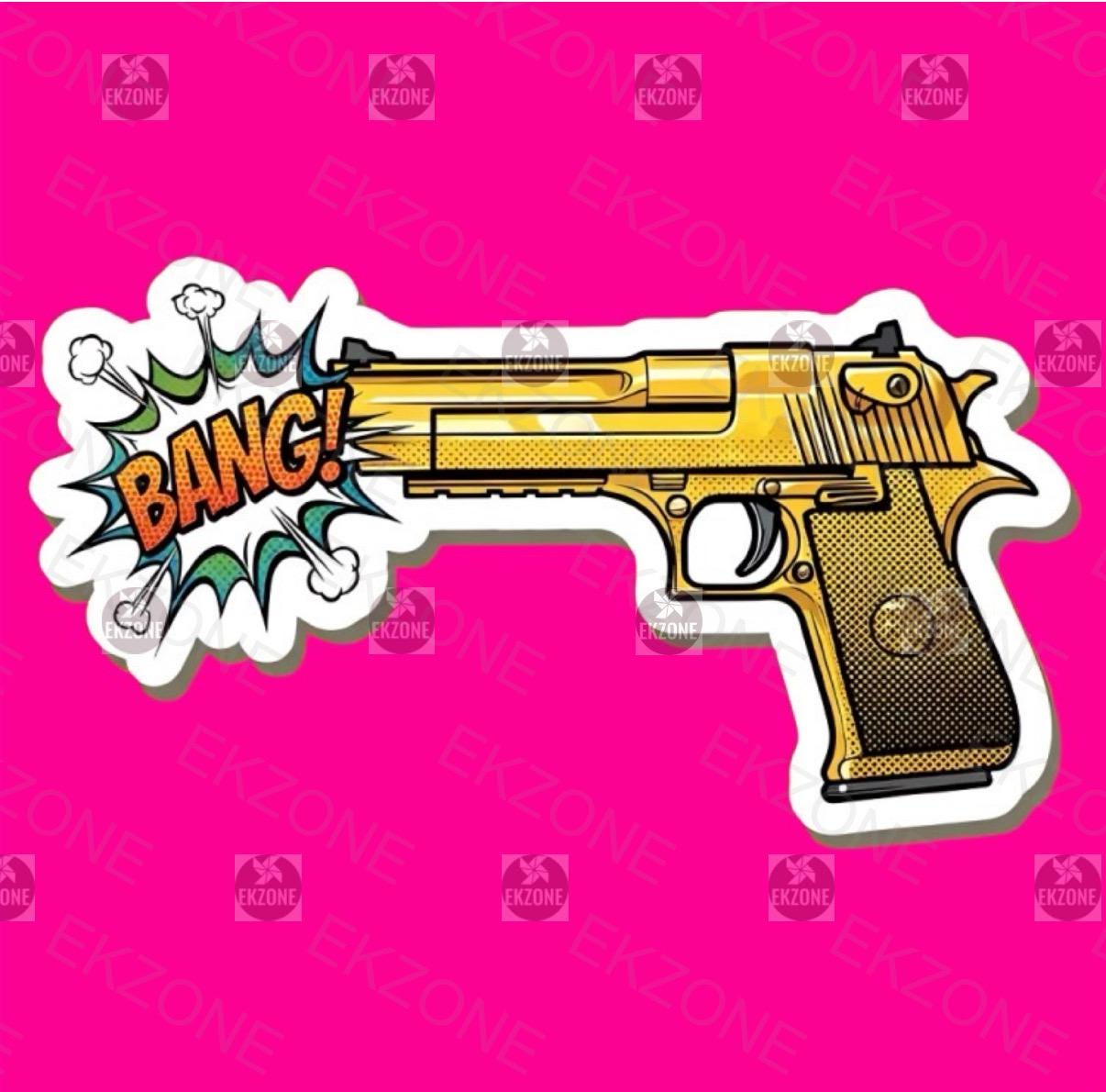 Golden Gun Pop Art Sticker | "BANG!" Comic Book Decal | Unique Weapon Art | Retro Pop Culture Vinyl | Laptop Sticker | Water Bottle Sticker