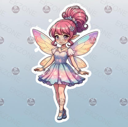 A flat, isolated holographic vinyl sticker featuring a kawaii illustration of a cute magical girl fairy with pastel colors and sparkly rainbow wings that reflect the light.