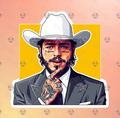 Illustration of a Post Malone wearing a cowboy hat and suit with tattoos, on a yellow and pink background.