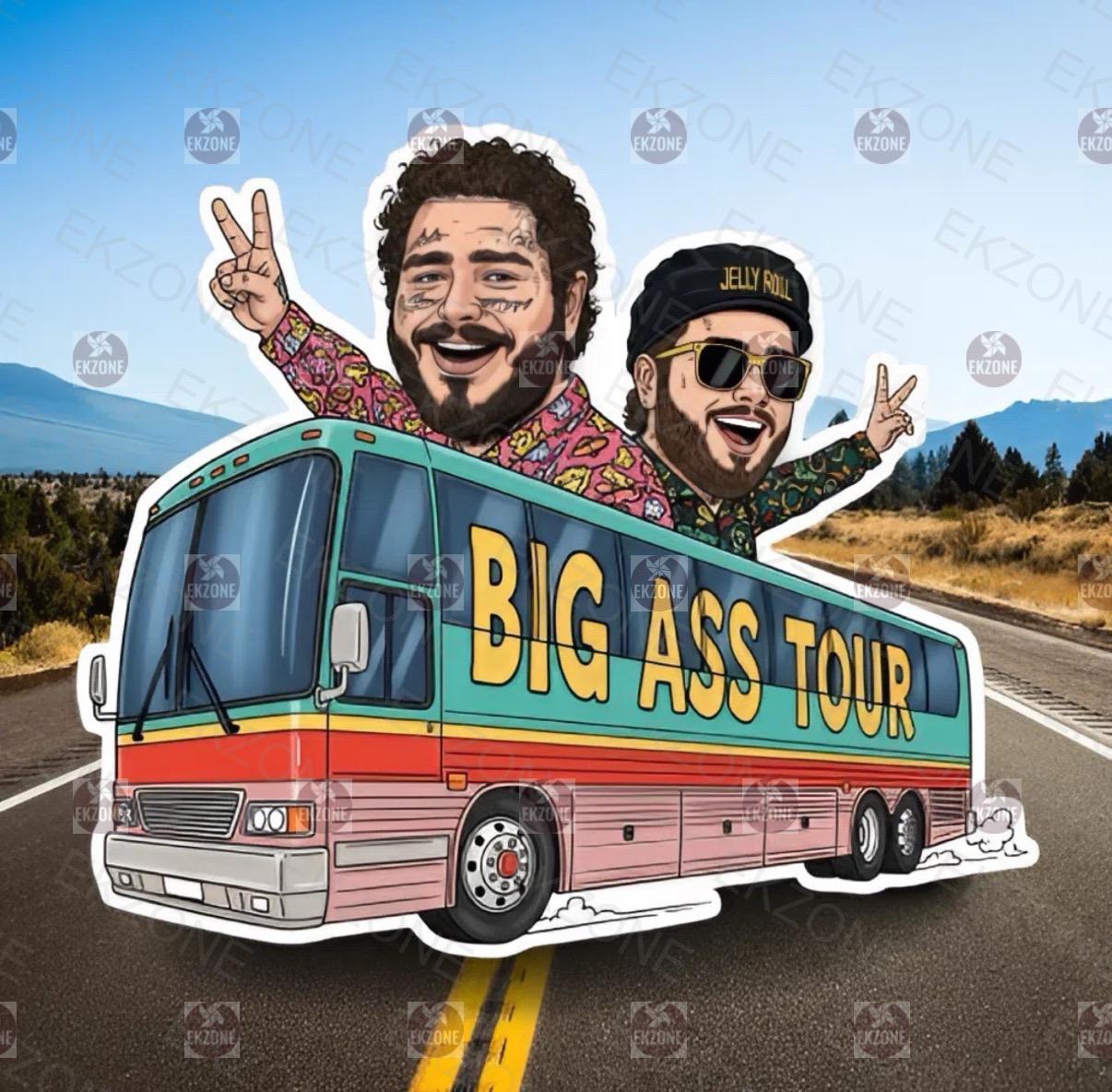 Illustration of two people on top of a bus with 'BIG ASS TOUR' text, set against a scenic road backdrop.
