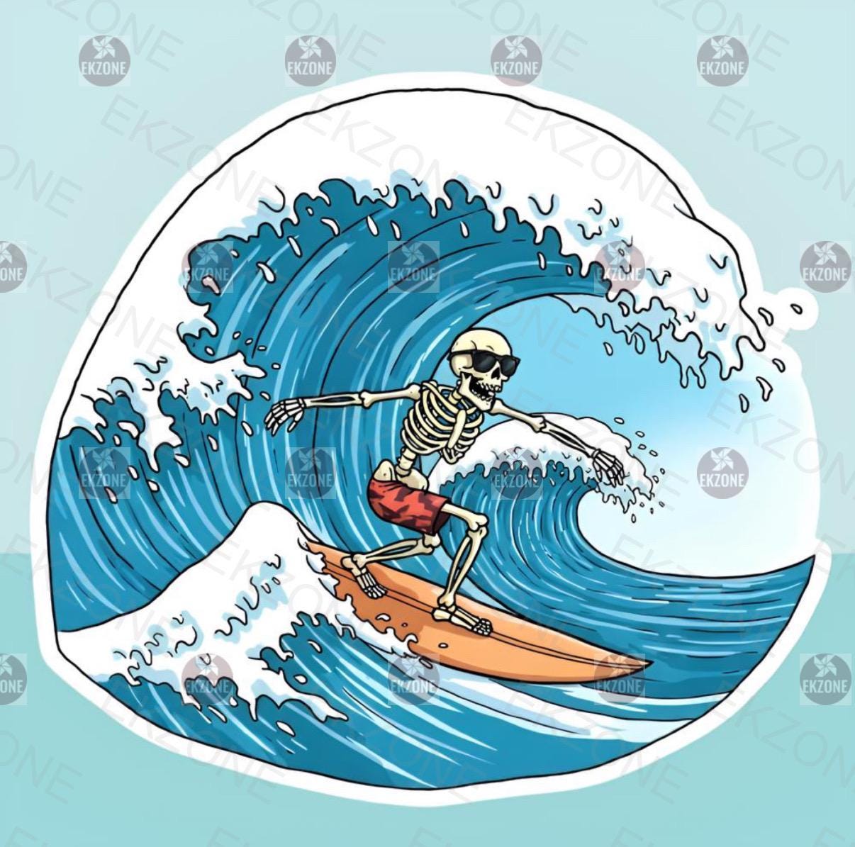 Skeleton Surfer Sticker | Ocean Wave Decal | Beach Vibe Art | Funny Skull Surfing Vinyl | Summer Sports Watersports Gift | Coastal Decor