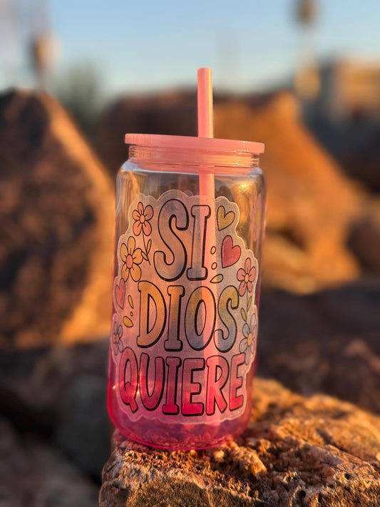 Si Dios Quiere Vaso de Vidrio, Cute Iced Coffee Cup, Glass Cup Gift, 16 Oz Tumbler with Lid & Straw, Vaso para Horchata o Cafecito Frio