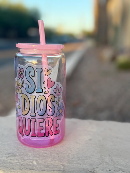 Si Dios Quiere Vaso de Vidrio, Cute Iced Coffee Cup, Glass Cup Gift, 16 Oz Tumbler with Lid & Straw, Vaso para Horchata o Cafecito Frio