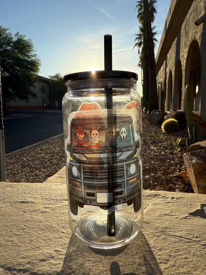 Horror Movie Characters Tumbler – 16 oz Plastic Iced Coffee Cup with Lid & Straw | Funny Halloween Horror Cup | Reusable Scary Movie Glass