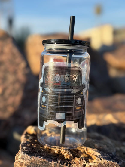 Horror Movie Characters Tumbler – 16 oz Plastic Iced Coffee Cup with Lid & Straw | Funny Halloween Horror Cup | Reusable Scary Movie Glass