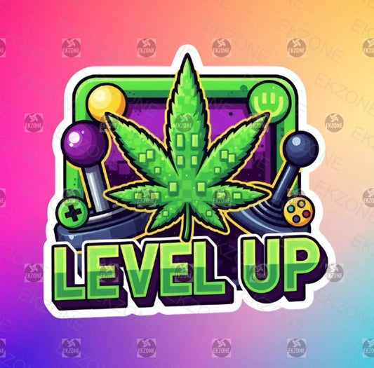 Level Up Gamer Cannabis Sticker | Funny Arcade Decal | Weed Leaf Art | Gaming Stoner Vinyl | Video Game Pot Gift | 420 Controller Laptop