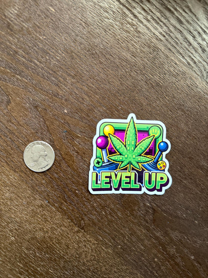 Level Up Gamer Cannabis Sticker | Funny Arcade Decal | Weed Leaf Art | Gaming Stoner Vinyl | Video Game Pot Gift | 420 Controller Laptop