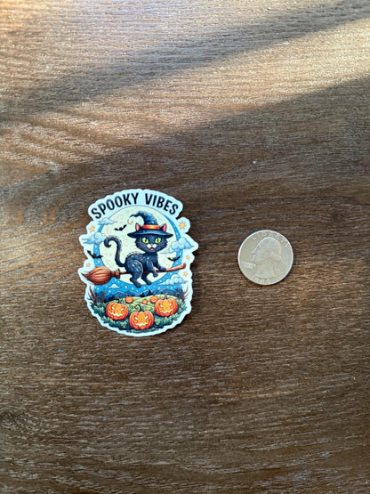 Spooky Vibes Black Cat Sticker | Witch Cat Halloween Decal | Cute Pumpkin Art | Spooky Season Vinyl | Witchy Decor Gift | Fall Vibes Brooms