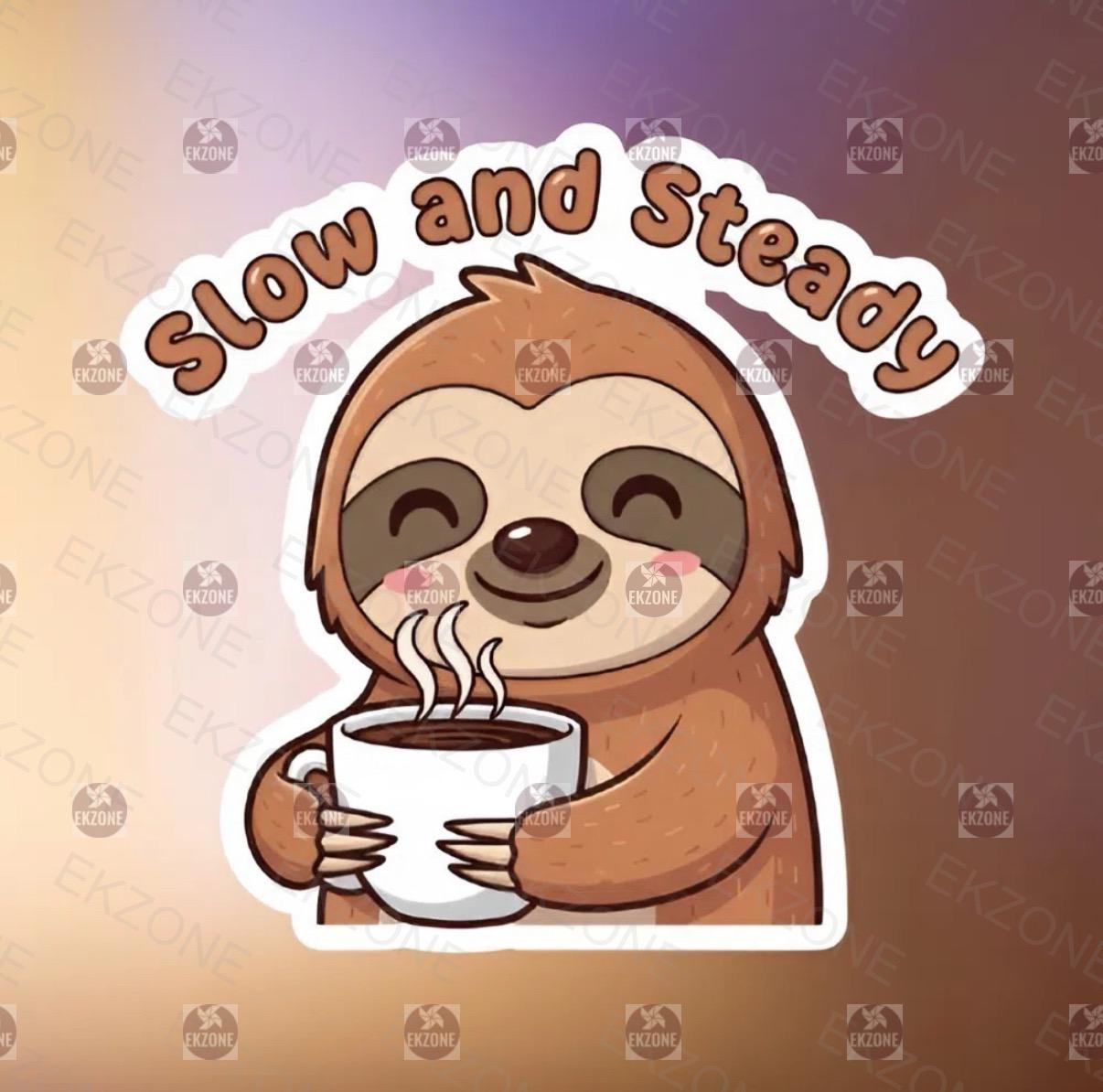 Slow and Steady Sloth Coffee Sticker | Funny Animal Pun Decal | Sloth Lover Gift | Caffeine Mug Art | Cute Animal Vinyl | Coffee Lover Book