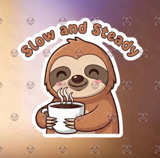 Slow and Steady Sloth Coffee Sticker | Funny Animal Pun Decal | Sloth Lover Gift | Caffeine Mug Art | Cute Animal Vinyl | Coffee Lover Book
