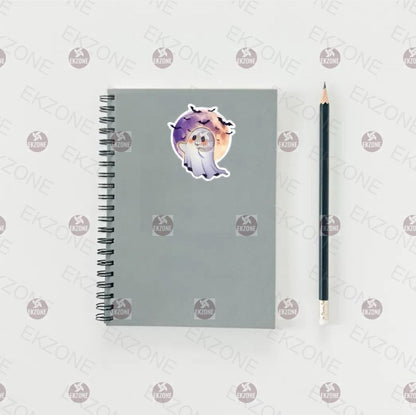 Cute Ghost Full Moon Sticker | Spooky Halloween Decal | Friendly Ghost Art | Bat Flying Vinyl | Fall Decor Gift | Adorable Ghostly Laptop