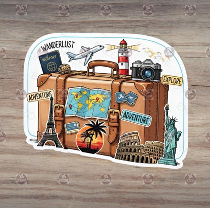 Illustration of a suitcase with travel-themed items on a wooden background