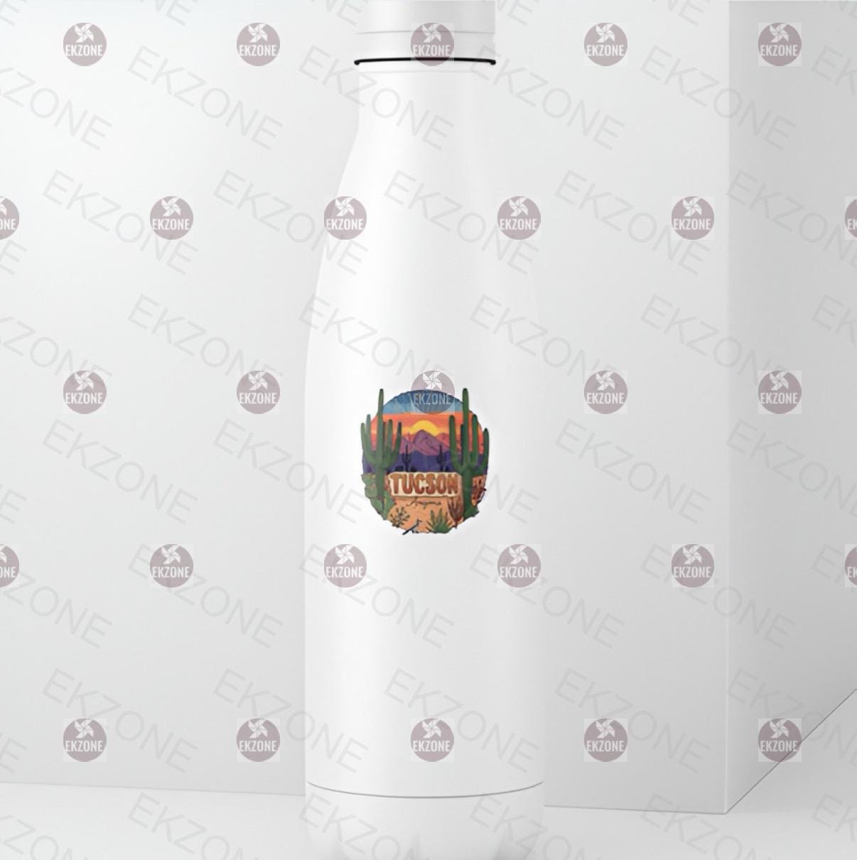 White water bottle with a colorful graphic of a desert landscape and 'Tucson' text on a white background.