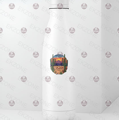 White water bottle with a colorful graphic of a desert landscape and 'Tucson' text on a white background.