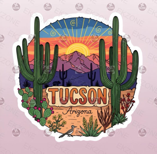 Sticker design of Tucson, Arizona with cacti and a sunset.