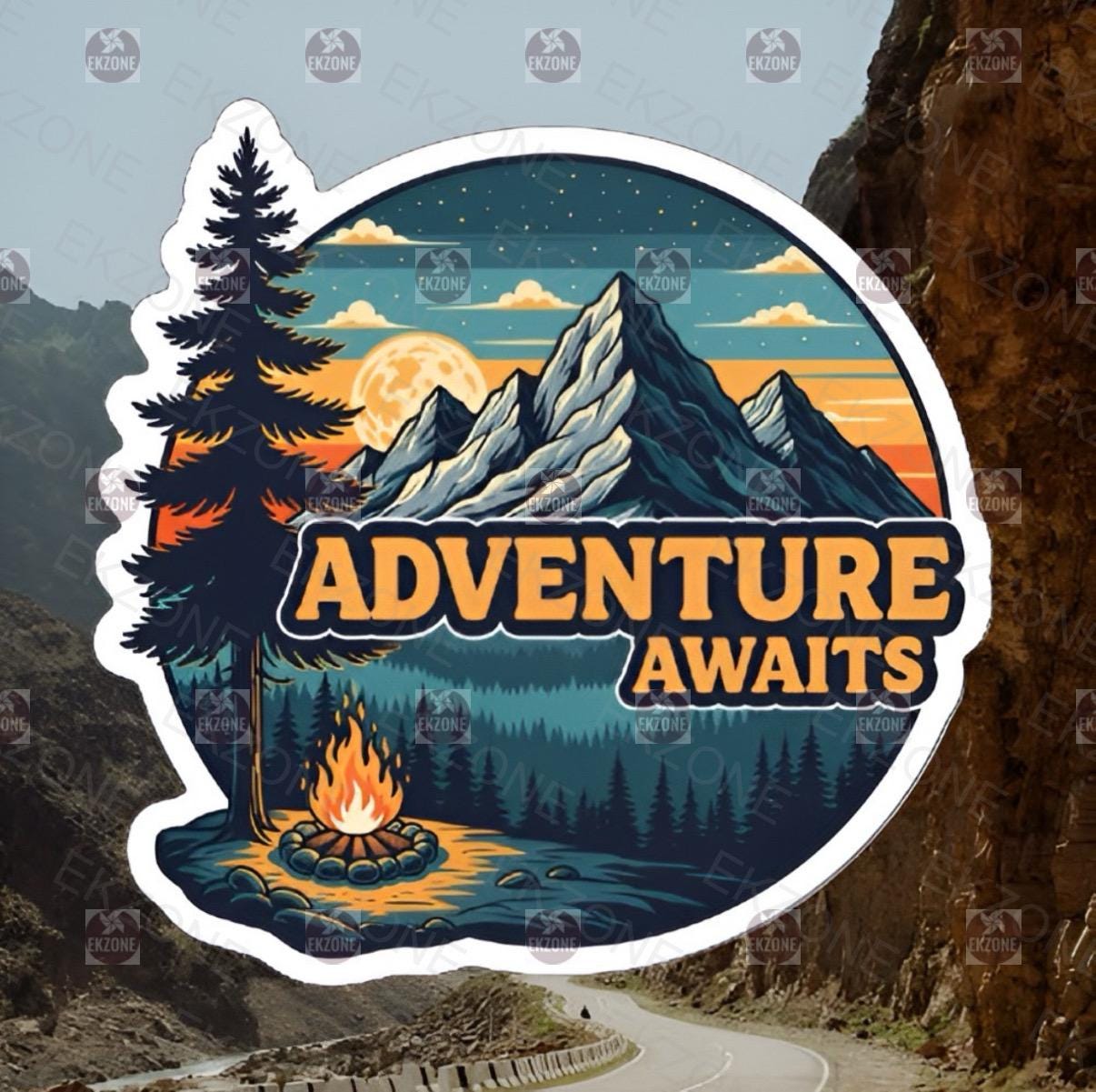 Adventure Awaits Camping Sticker | Outdoorsy Mountain Decal | Campfire Art | Wanderlust Vinyl | Nature Lover Gift | Motivational Laptop