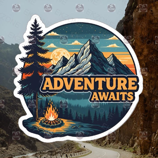 Adventure Awaits Camping Sticker | Outdoorsy Mountain Decal | Campfire Art | Wanderlust Vinyl | Nature Lover Gift | Motivational Laptop