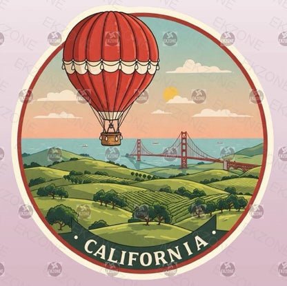 California Hot Air Balloon Sticker | Golden Gate Bridge Decal | Vintage Travel Art | San Francisco Souvenir Vinyl | Wanderlust Gift | Retro