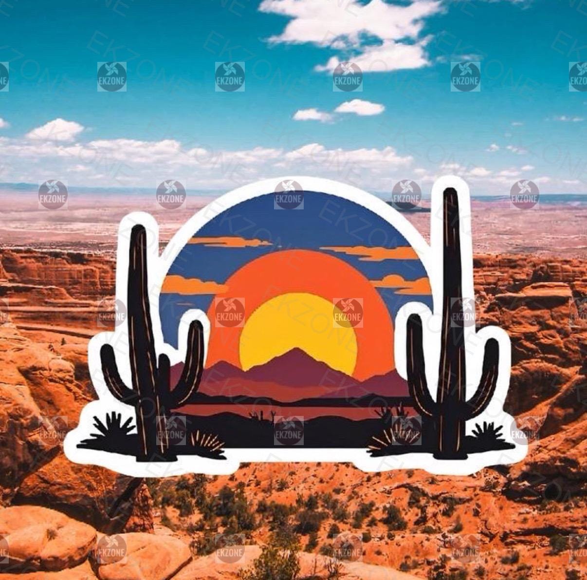 Circular Desert Sunset Sticker | Southwestern Landscape Decal | Saguaro Cactus Art | Nature Lover Vinyl | Aesthetic Vibe Gift |Desert Sunset