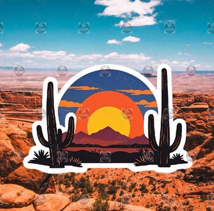Circular Desert Sunset Sticker | Southwestern Landscape Decal | Saguaro Cactus Art | Nature Lover Vinyl | Aesthetic Vibe Gift |Desert Sunset