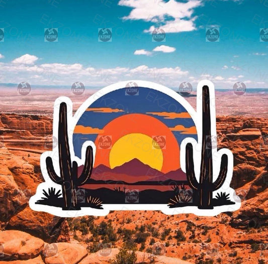Circular Desert Sunset Sticker | Southwestern Landscape Decal | Saguaro Cactus Art | Nature Lover Vinyl | Aesthetic Vibe Gift |Desert Sunset