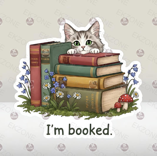 I'm booked. Cat Sticker | Funny Book Lover Decal | Cute Cat Art | Bookworm Reading Quote Vinyl | Book Stack Cat Lover Gift | Literary Cat
