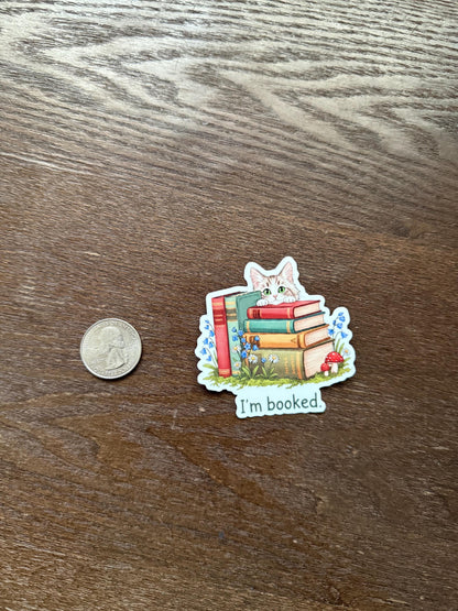 I'm booked. Cat Sticker | Funny Book Lover Decal | Cute Cat Art | Bookworm Reading Quote Vinyl | Book Stack Cat Lover Gift | Literary Cat