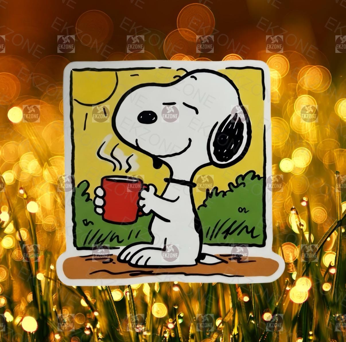 Snoopy Drinking Coffee Sticker - Peanuts Enjoying Hot Drink Decal - Cute Relaxing Vinyl Sticker - Snoopy Peanuts Coffee Mug Sticker - Laptop