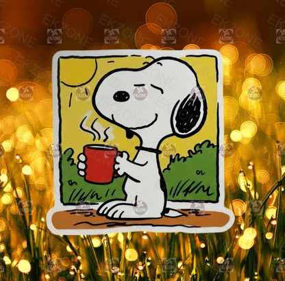 Snoopy Drinking Coffee Sticker - Peanuts Enjoying Hot Drink Decal - Cute Relaxing Vinyl Sticker - Snoopy Peanuts Coffee Mug Sticker - Laptop