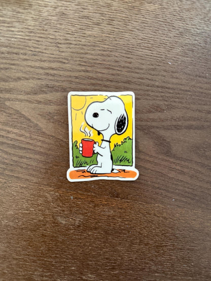 Snoopy Drinking Coffee Sticker - Peanuts Enjoying Hot Drink Decal - Cute Relaxing Vinyl Sticker - Snoopy Peanuts Coffee Mug Sticker - Laptop