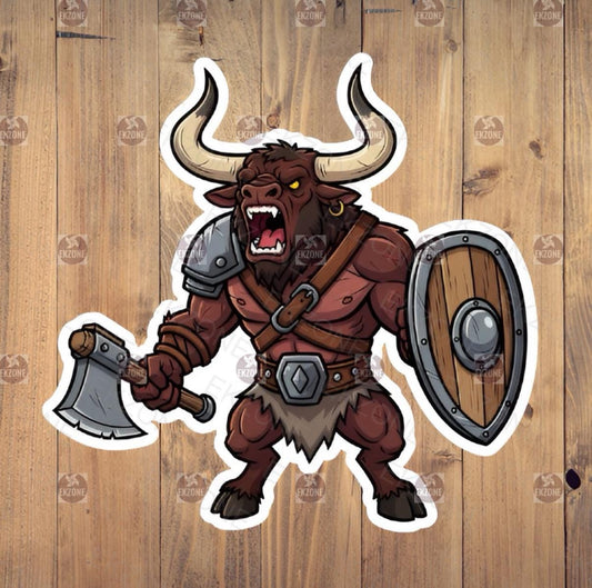 Cartoon bull warrior with an axe and shield on a wooden background