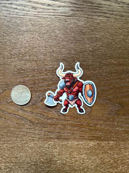 Minotaur Warrior Sticker | D&D Fantasy Monster Decal | Battle Axe Shield Art | RPG Gamer Vinyl | Mythical Creature Gift | Nerd Geek Laptop