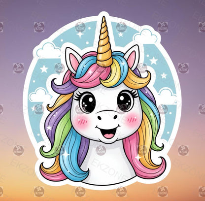 Cartoon unicorn with rainbow hair and a horn on a gradient background