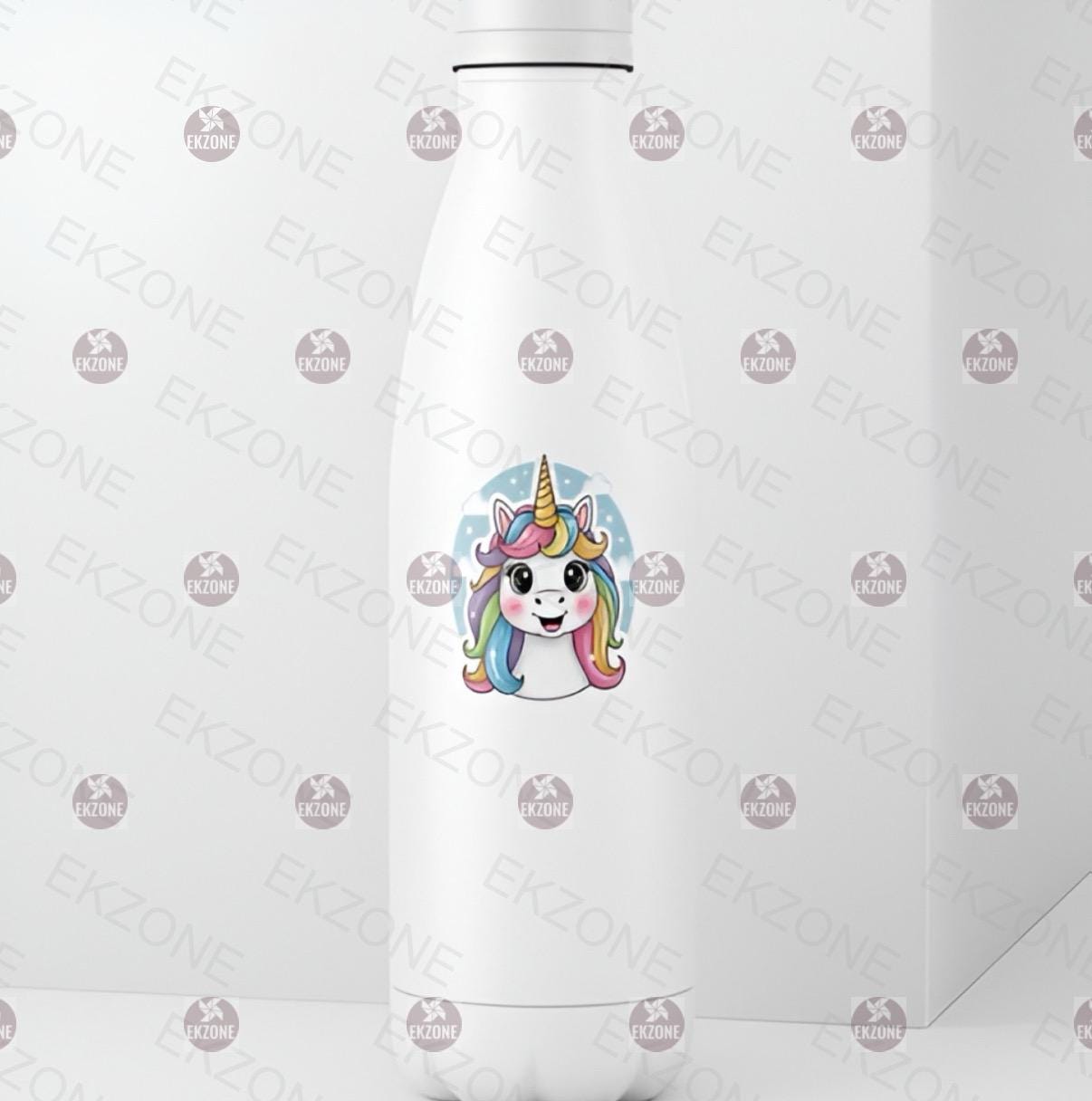 White water bottle with a colorful unicorn design on a white background