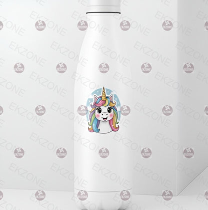 White water bottle with a colorful unicorn design on a white background