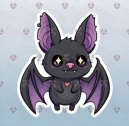 A spooky cute vinyl sticker featuring an adorable, kawaii-style flying bat.