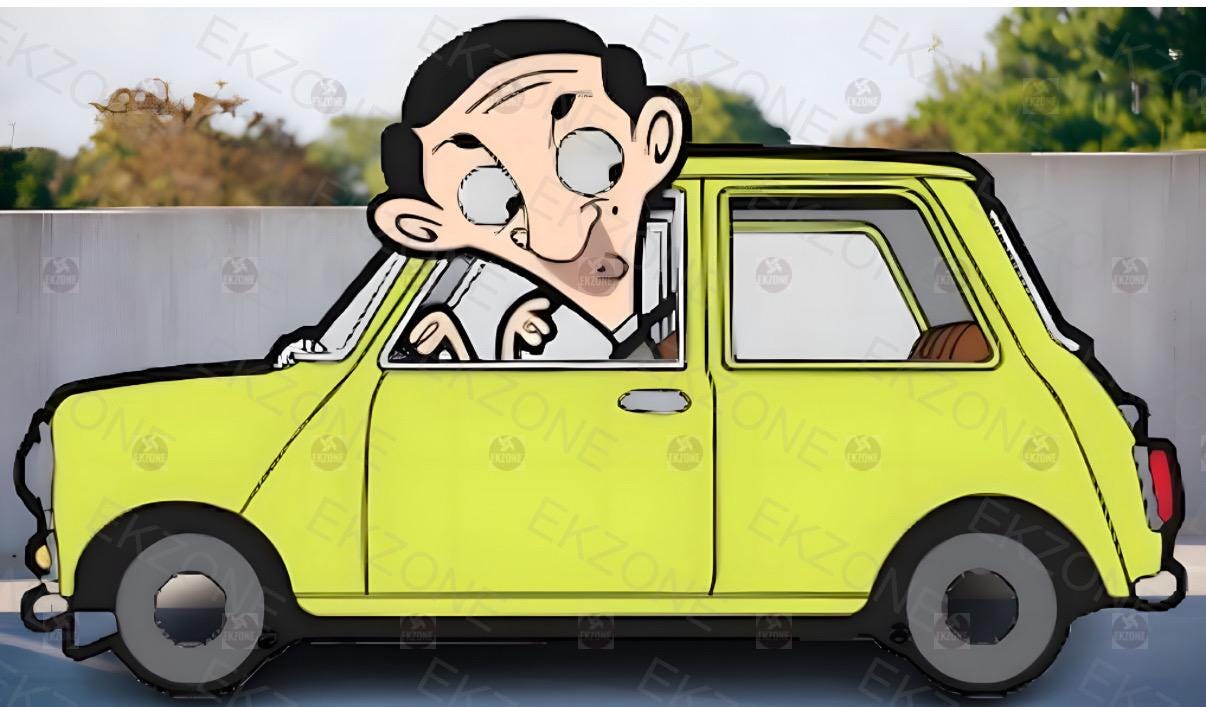 Mr Bean Car Sticker | Classic Mini Cooper Decal | Funny British Comedy Art | Iconic TV Show Vinyl | Mr Bean Fan Gift | Quirky Laptop Sticker
