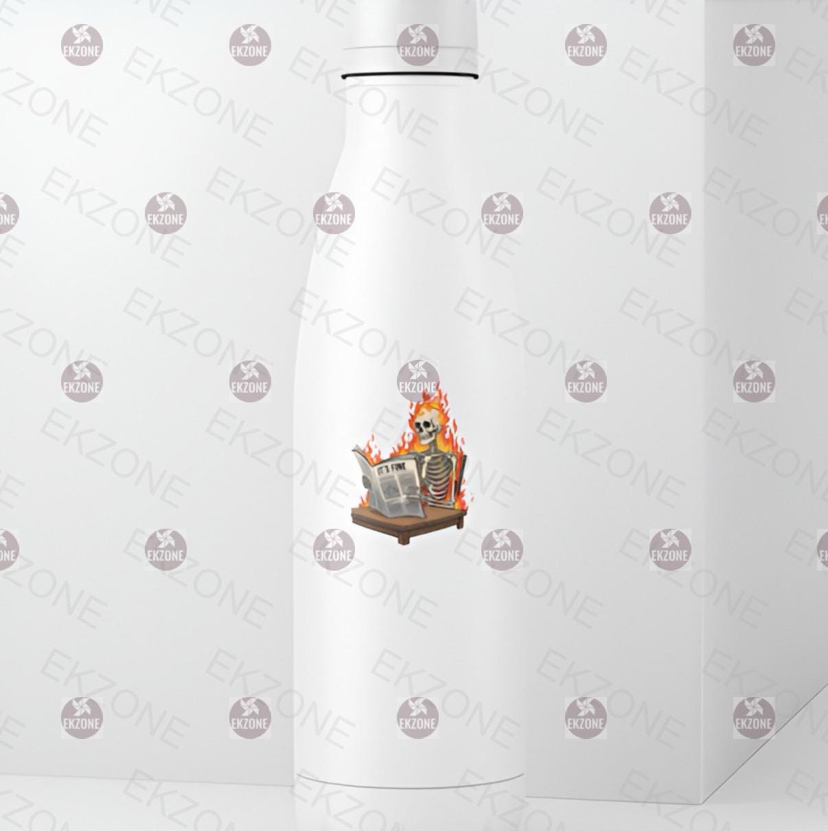 White ironing board with skeleton and newspaper design on a branded background