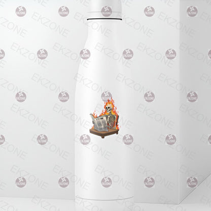 White ironing board with skeleton and newspaper design on a branded background