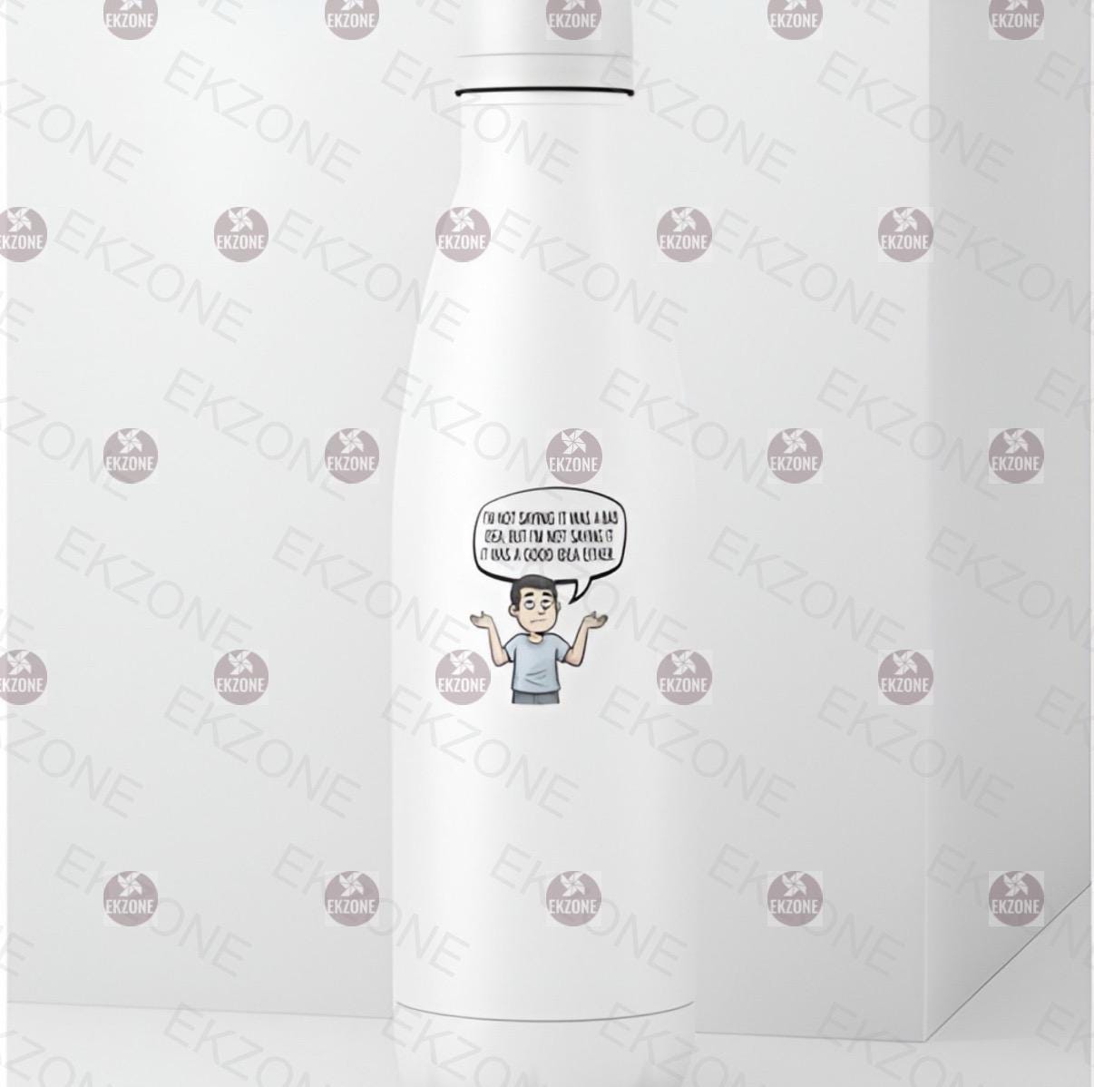 White water bottle with a cartoon character and text bubble on a white background