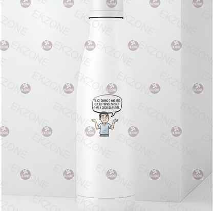 White water bottle with a cartoon character and text bubble on a white background