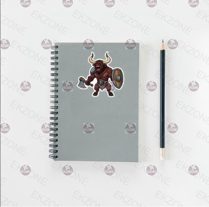 Minotaur Warrior Sticker | D&D Fantasy Monster Decal | Battle Axe Shield Art | RPG Gamer Vinyl | Mythical Creature Gift | Nerd Geek Laptop