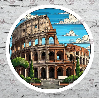 Illustration of the Colosseum in Rome on a circular sticker with a white border.